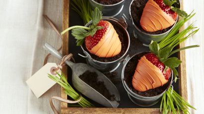 Strawberry carrots in chocolate dirt