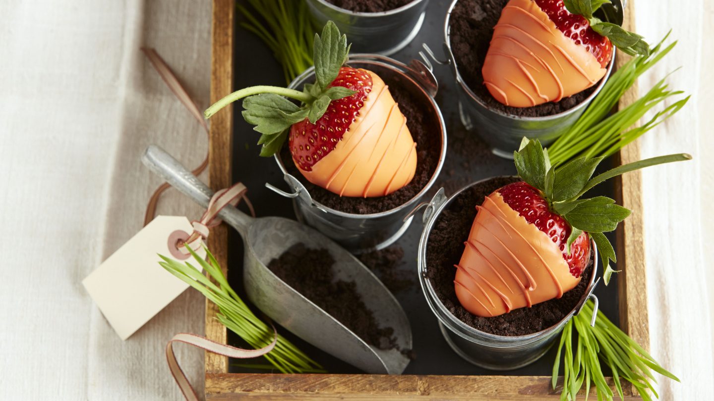 Chocolate covered strawberry carrots in chocolate dirt
