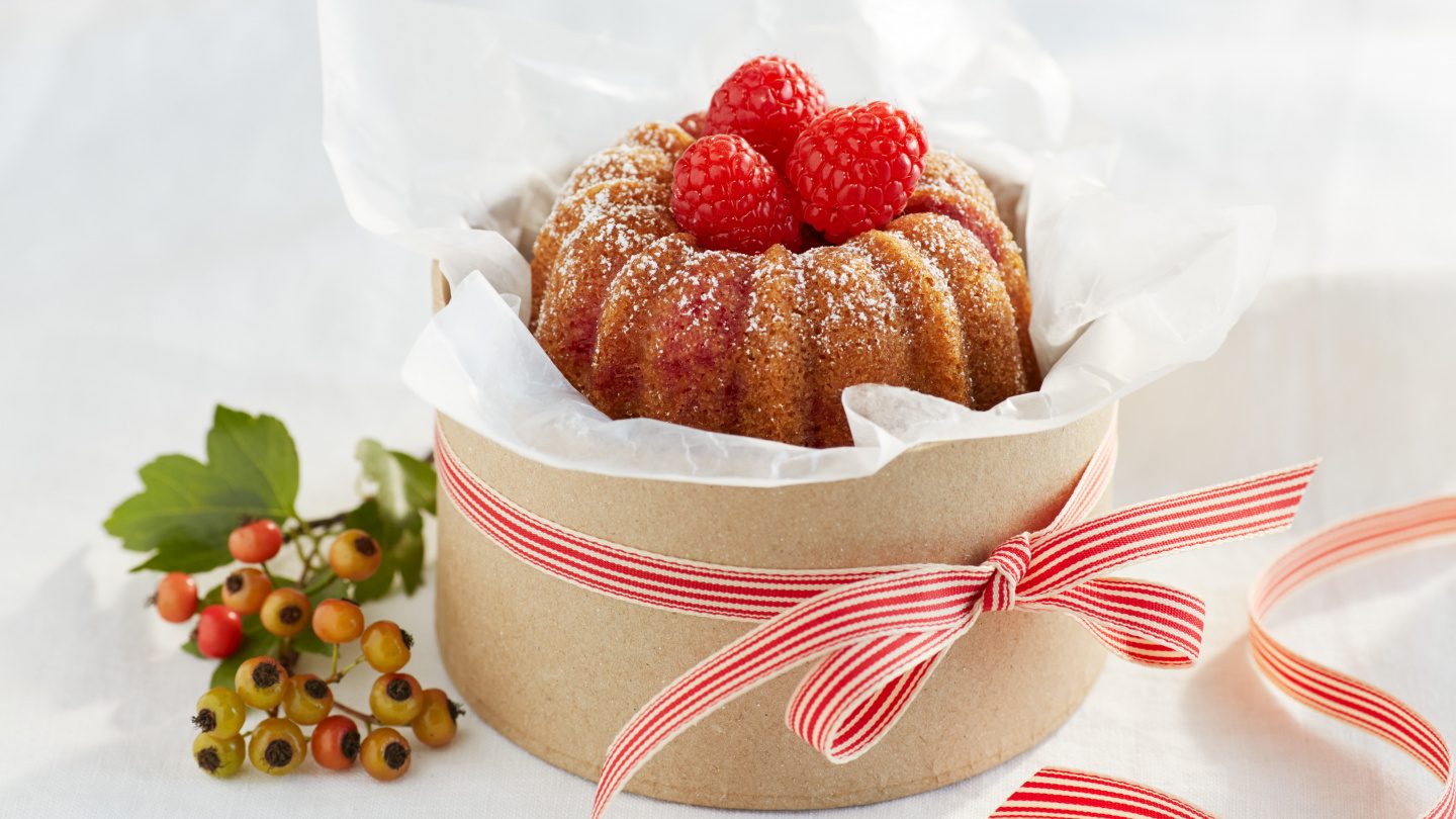 Mini Olive Oil Bundt Cake made with Driscolls raspberries