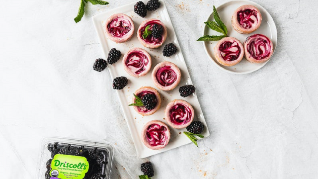 White Chocolate Cheesecakes with Blackberry Swirl Driscolls